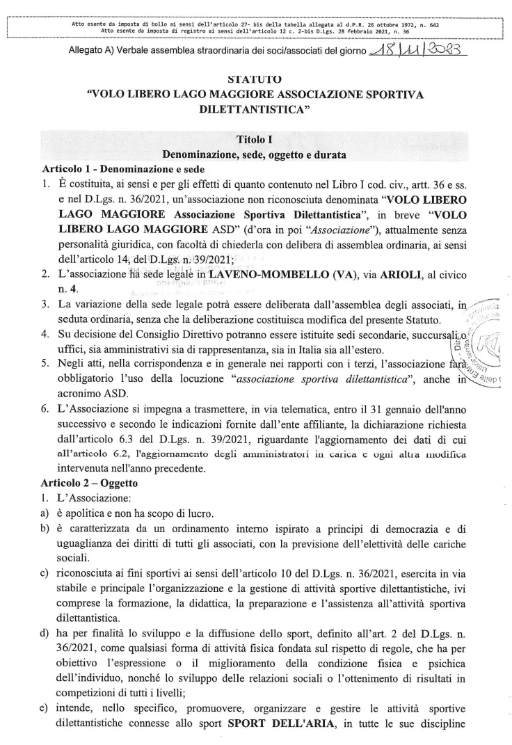 Anteprima dello statuto registrato